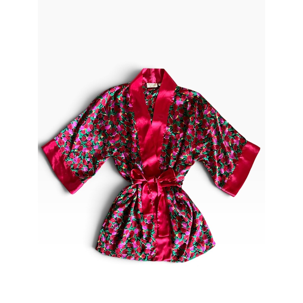 Vintage Victorias Secret Gold Label Floral Satin Robe Red Pink Kimono One Size